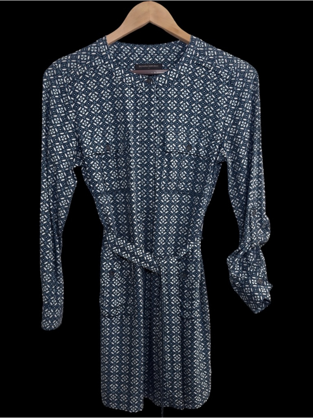 Banana Republic Blue Geometric Safari Shirt Dress Roll Tab Sleeves & Tie Waist 4 - Picture 7 of 13